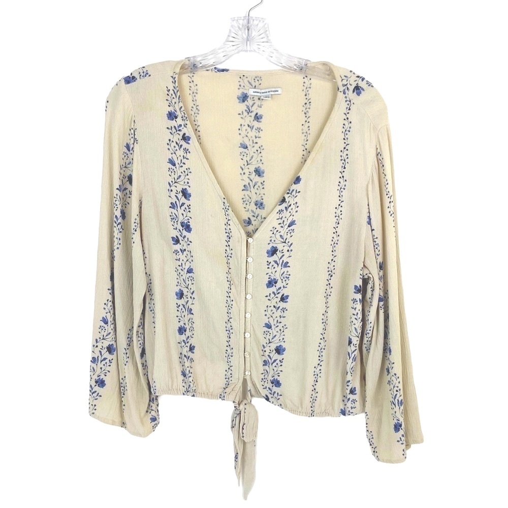 American Eagle Crop Top Button Up Floral Shirt Sz L Blue/Ivory Front Tie Boho
